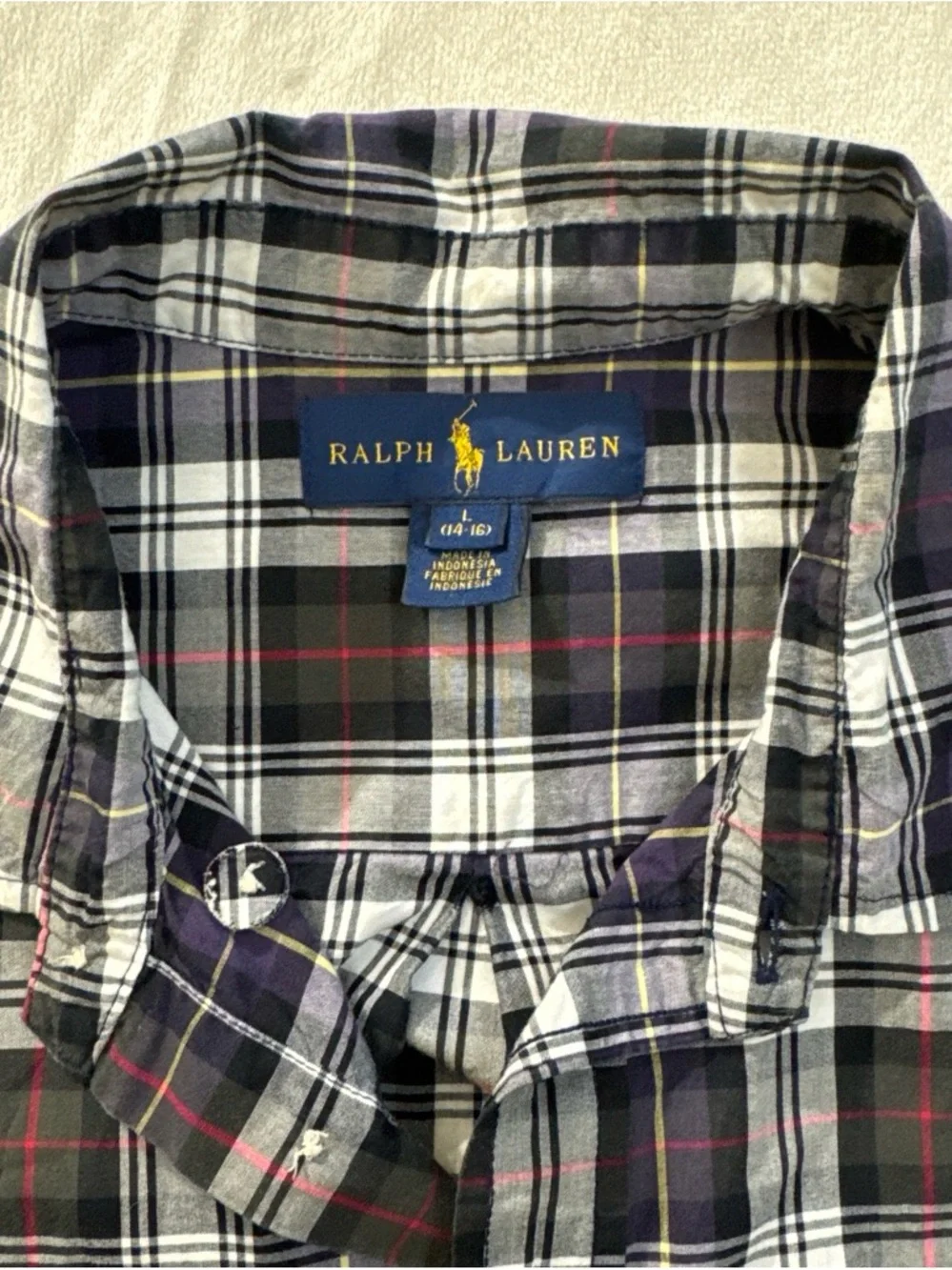 100% Cotton Ralph Lauren Boys Navy White Plaid Button-Down Shirt